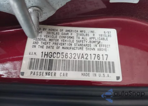 1997 Honda Accord Lx из США, поврежденный, VIN 1HGCD5632VA217617